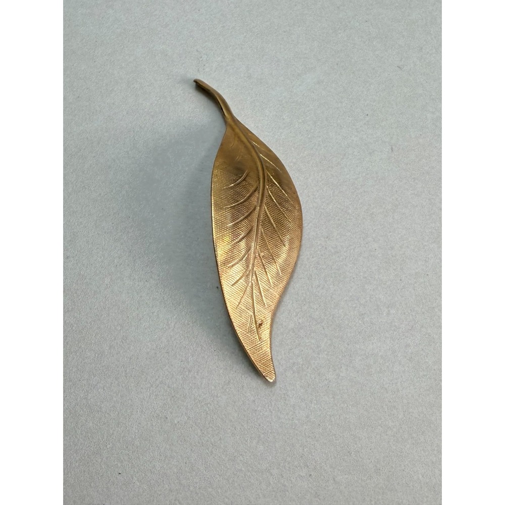 Vintage Gold Tone Large Leaf Brooch Textured Botanical Modernist Statement Pin